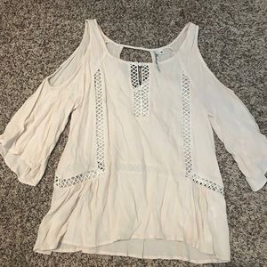 beige open shoulder blouse